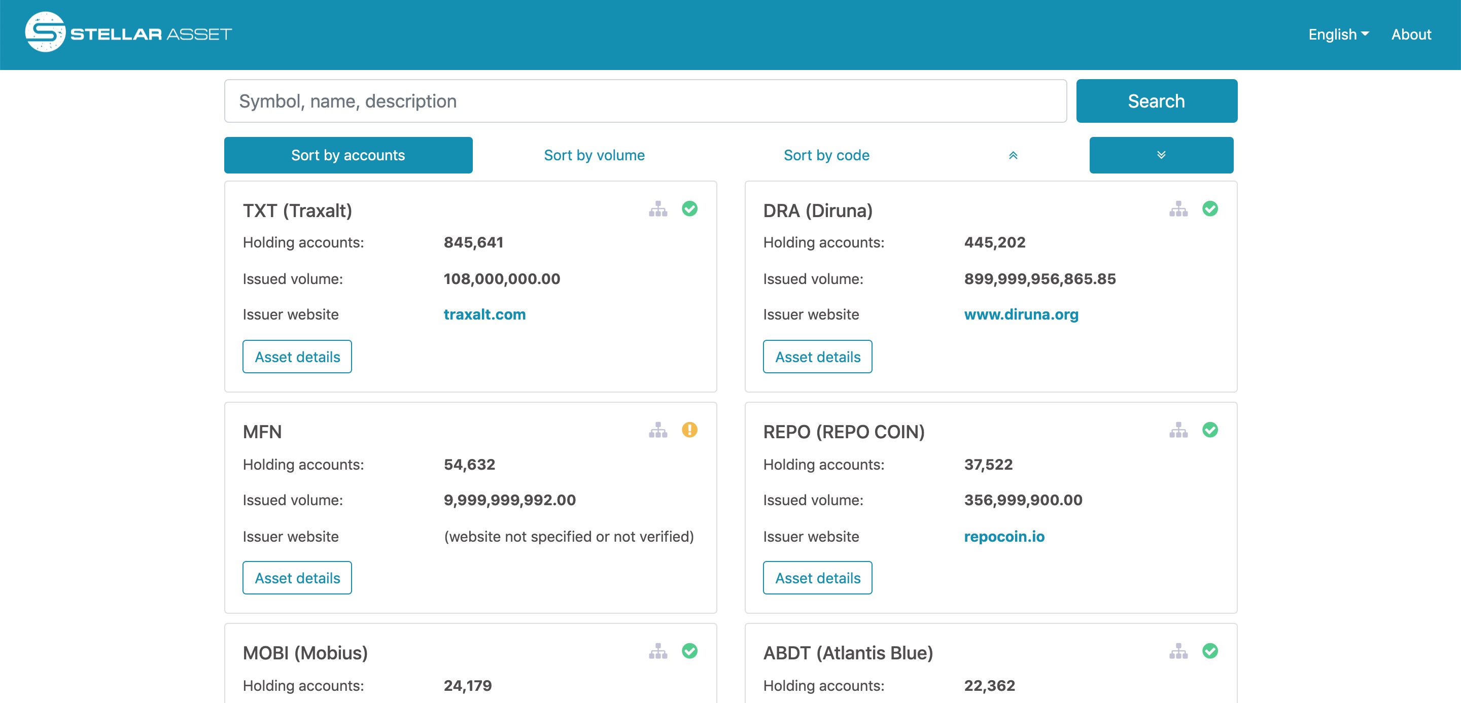 Stellar asset search interface